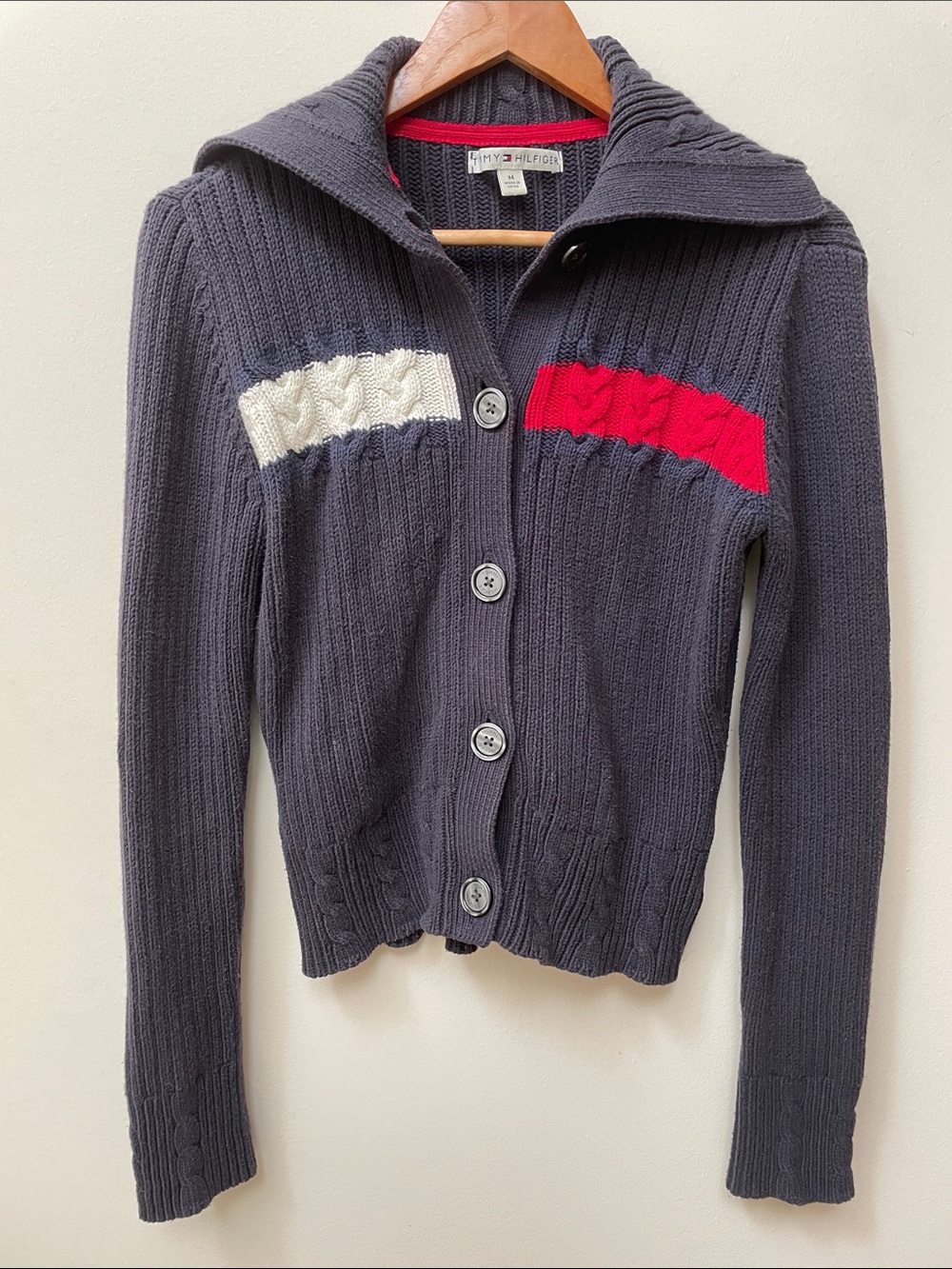 Vintage Tommy Hilfiger Cable Knit Navy Cardigan with Red & White Logo 2000s